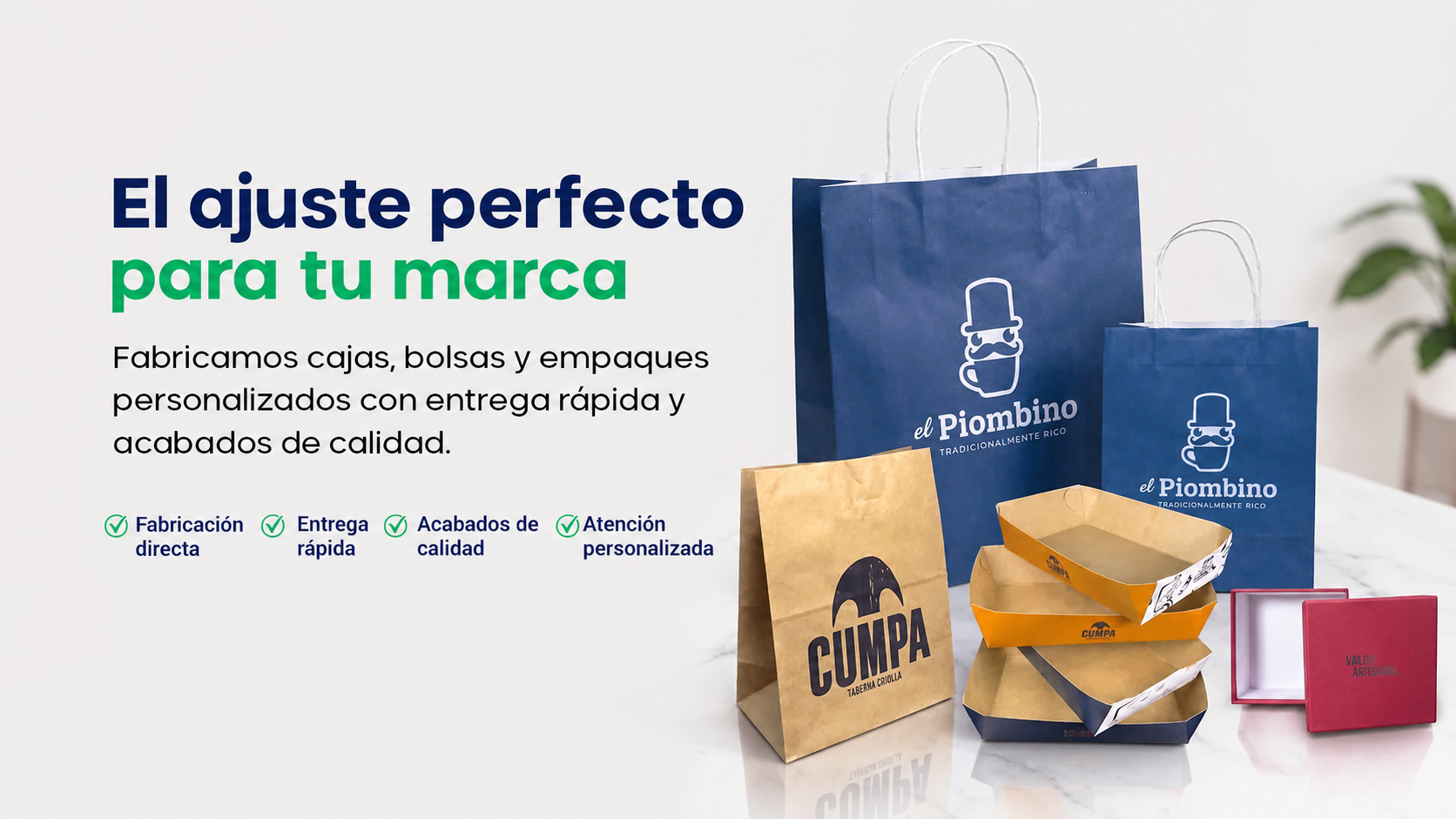 El ajuste perfecto para tu marca: empaques personalizados, beneficios de fabricaciÃ³n directa, entrega rÃ¡pida, acabados de calidad y atenciÃ³n personalizada.